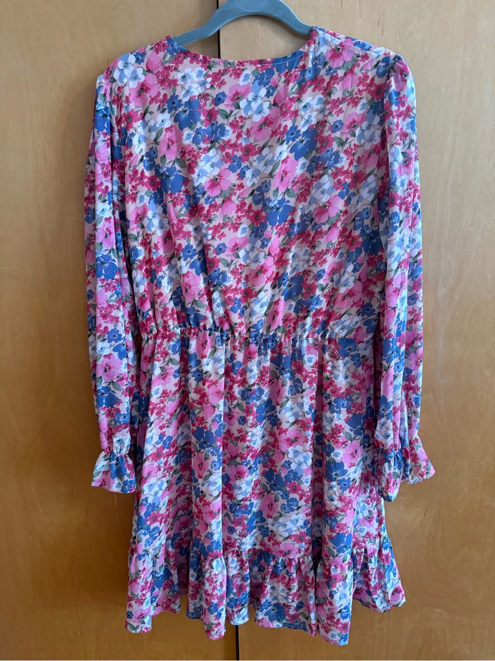 Floral Pink Asymmetrical Wrap Dress with Ruffle Hem - Picture 4 of 6